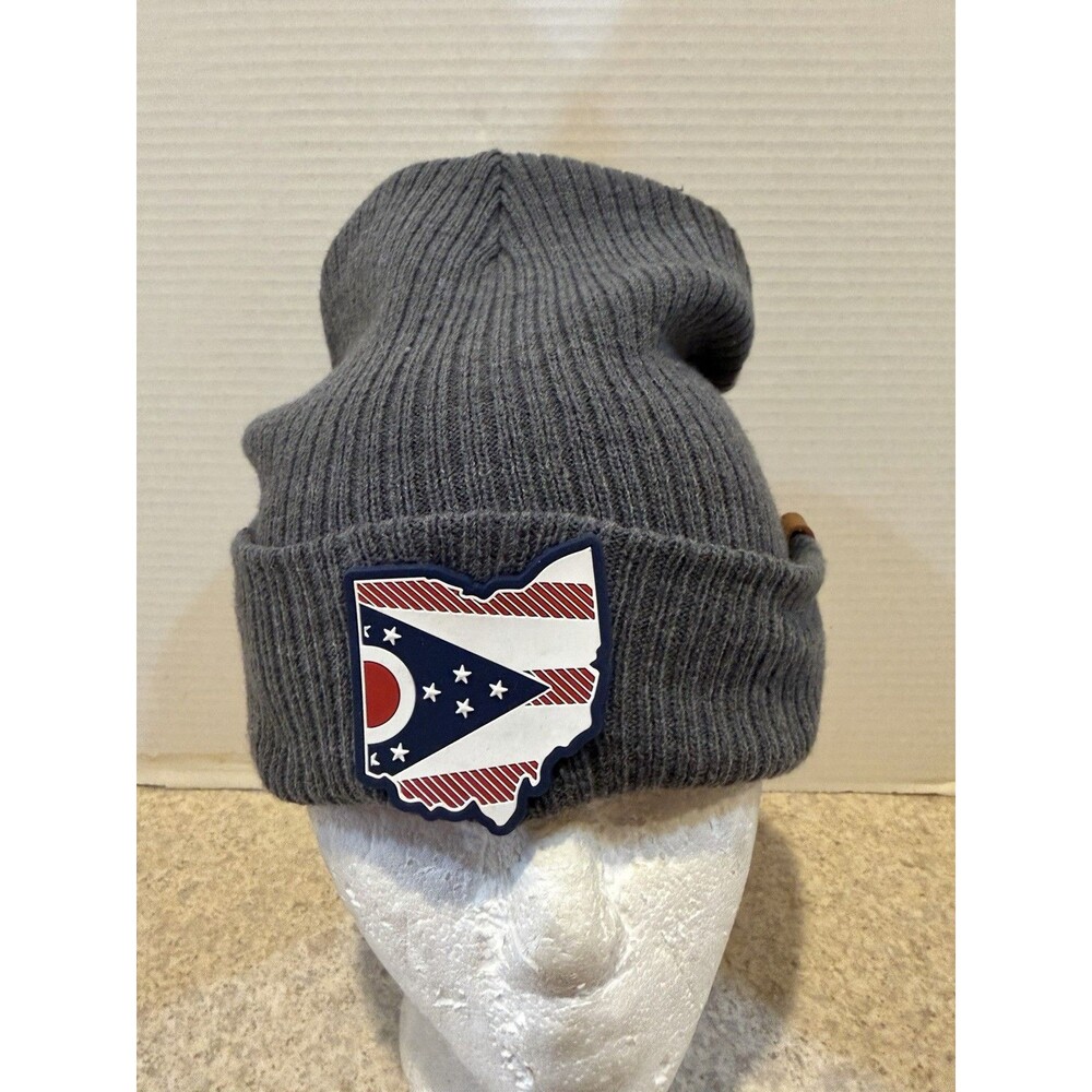 Branded Bills Ohio Flag PVC Patch Gray Cuffed Knit Beanie Hat OSFM NWT